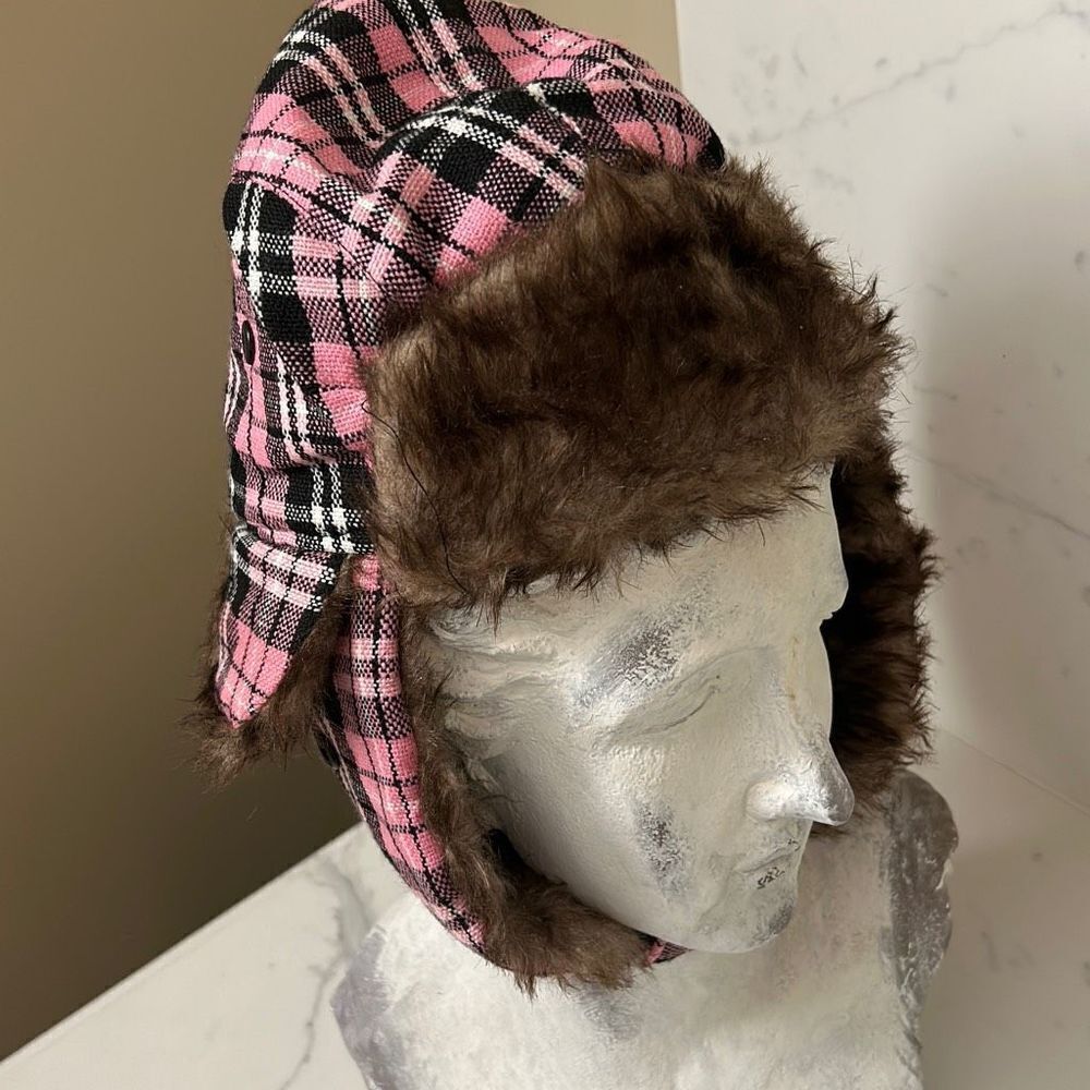 Pink Plaid Faux Fur Winter Hat